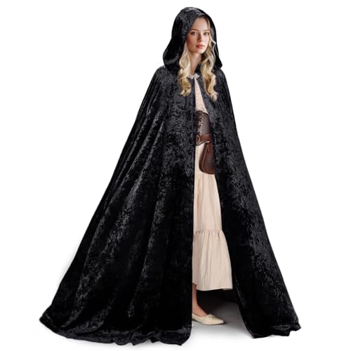 Ibeauti Samt-Umhang mit Kapuze für Damen, volle Länge, Halloween, Hexe, Vampir, Renaissance, Mittelalter-Kostüm, Umhang (schwarz) von Ibeauti