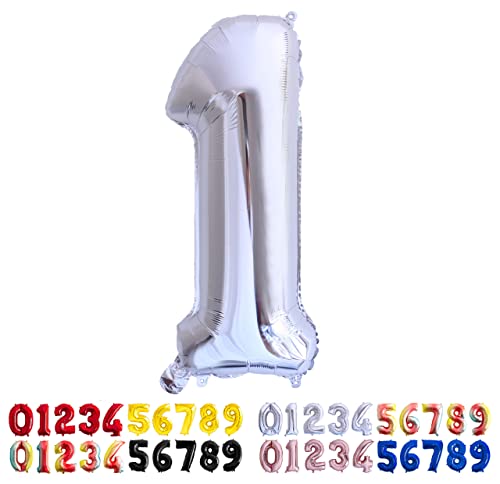 Folienballon Nummer 1 Silber Riesige Luftballons Zahl Silber Party Geburtstag Dekoration Jubiläum Hochzeit Größe 70cm mit Zubehör zum Aufblasen von Luft oder Helium von Ibera