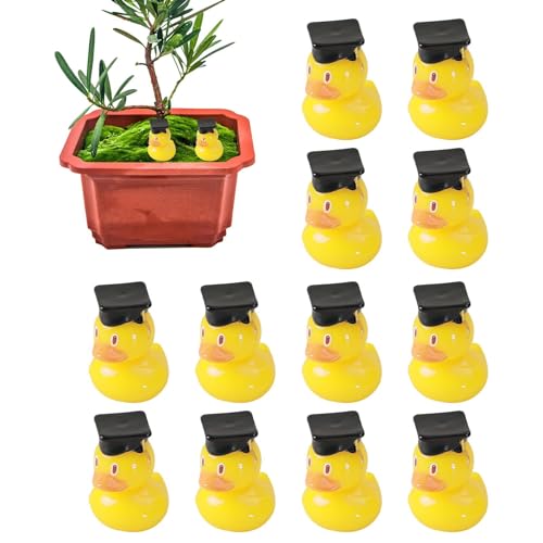 Ibuloule Mini-Abschluss-Enten, Ente mit Grad-Mütze | 12 Stück Mini-Abschlussharz-Enten | Abschluss-Ente, Auto-Armaturenbrett-Dekoration, gelbe kleine Absolventen-Ente für die Abschlussfeier von Ibuloule
