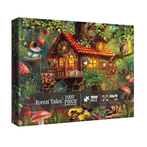 Magic Tree House Wald Puzzles für Erwachsene 1000 Teile Natur, Fantasy Art Tier Pflanze Puzzles, Lustige Pilz Welpe Vogel Katze Blume Puzzle von IdeaBazar