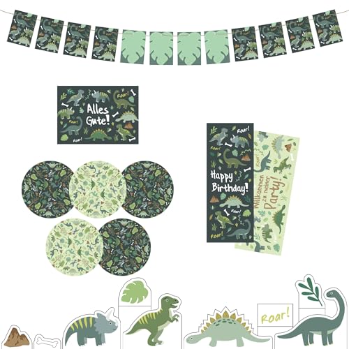 Dinosaurier Kindergeburtstag Dekobox - Geburtstagsdeko Set für Jungen - Geburtstag Dekoration für Kinder Partys - Tischdeko mit Snackuntersetzer, Poster, Girlande uvm. - Party birthday decoration von Ideenverlag HAMBURG