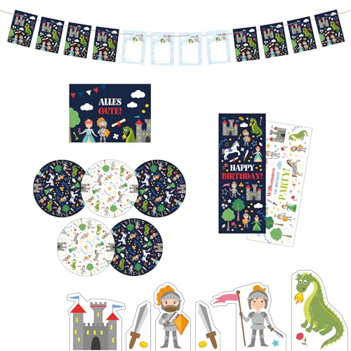 "Drachen / Ritter" Kindergeburtstag Deko Box - Geburtstagsdeko Set für Jungen - Geburtstag Dekoration für Kinder Partys - Tischdeko mit Snackuntersetzern, Poster, Girlande uvm. - Party birthday von Ideenverlag HAMBURG