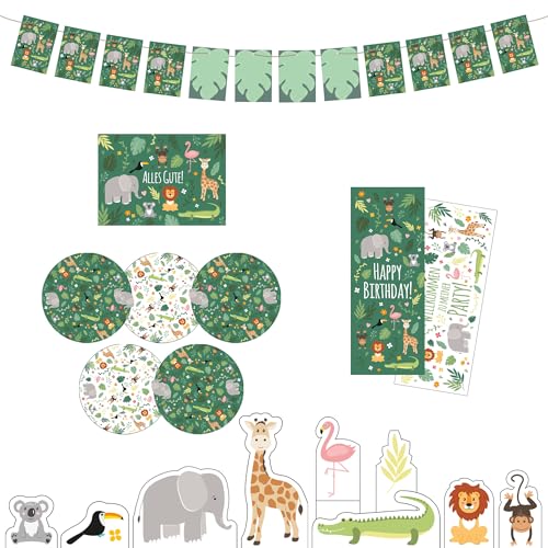 "Dschungel / Zoo" Kindergeburtstag Deko Box - Geburtstagsdeko Set für Jungen & Mädchen - Geburtstag Dekoration für Kinder - Tischdeko mit Snackuntersätzern, Poster, Girlande uvm. - Party birthday von Ideenverlag HAMBURG