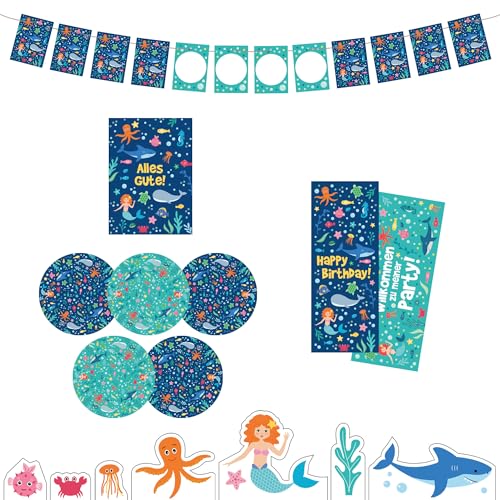"Tiefsee / Meerjungfrauen" Kindergeburtstag Deko Box - Geburtstagsdeko Set für Mädchen - Geburtstag Dekoration für Kinder - Tischdeko mit Snackuntersetzern, Poster, Girlande uvm. - Party birthday Girl von Ideenverlag HAMBURG