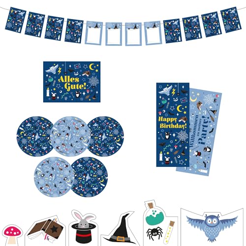 "Zaubereulen" Kindergeburtstag Deko Box - Geburtstagsdeko Set für Jungen & Mädchen - Geburtstag Dekoration für Kinder Partys - Tischdeko mit Snackuntersetzern, Poster, Girlande uvm. - Party birthday von Ideenverlag HAMBURG