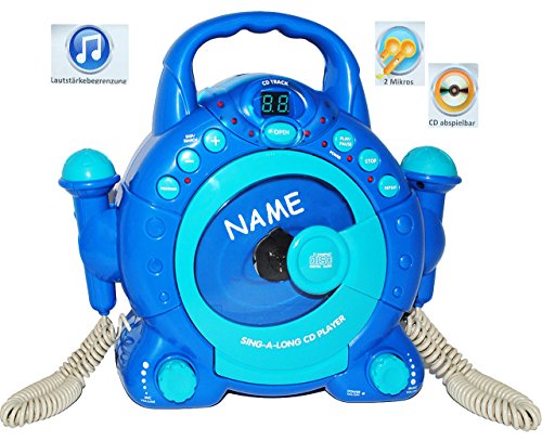 Idena 6805350 Kinder CD-Player - incl. Wunschnamen - Sing-A-Long blau mit 2 Mikrofonen und LED-Display von IDEN
