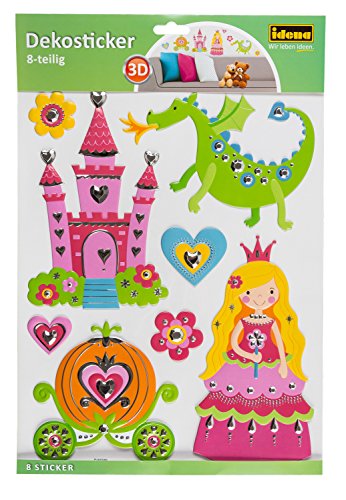 Idena 31259 - Dekosticker in 3D Optik, Prinzessin mit Märchenschloss, Drache und Kutsche, 8 teilig von Idena