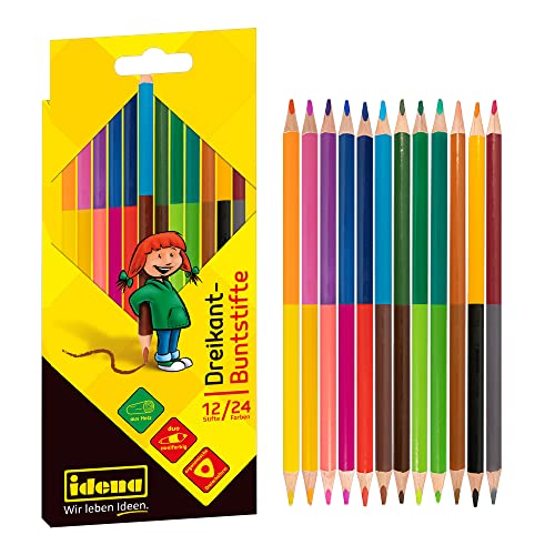 Idena 20115-Buntstifte in ergonomischer Dreiecksform, 12 Farbstifte mit 24 Farben im Kartonetui zum Malen, Zeichnen, Schreiben und Kolorieren, Dreikant-Stifte für Kinder-Garten, Schule und Freizeit von Idena
