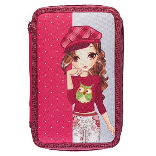 Idena 20119 - Schüler-Etui Triple mit 3 Reißverschluss-Fächern und mit 47 Teilen befüllt, Design Girl, Federmappe mit Bunt-Stiften, Lineal, Bleistiften und weiterem Zubehör für Schule von Idena