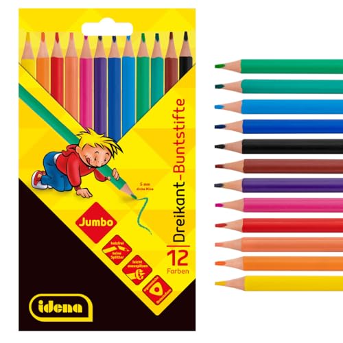 Idena 20138 - Jumbo Buntstifte mit 5 mm dicker Mine in 12 Farben, 12 Stück holzfreie Farbstifte in ergonomischer Dreiecksform, verpackt im Kartonetui von Idena