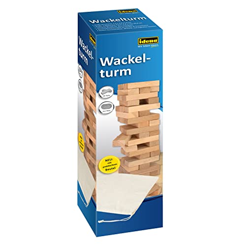 Idena 40087 - Wackelturm Spiel aus Holz, Geschicklichkeitsspiel mit 54 Bausteinen und Aufbewahrungsbeutel, ca. 8 x 8 x 26 cm großer Stapelturm von Idena