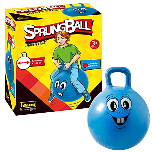 Idena 40094 - Sprungball Happy Face in blau, Durchmesser ca. 45 - 50 cm, belastbar bis 50 kg, perfekt für Sommer, Park oder Kindergarten von Idena