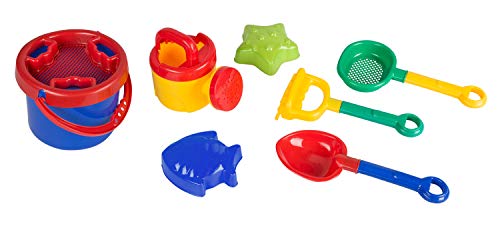 Idena 40113 - Sandspielzeug Set 8 teilig bestehend aus Eimer, 2 Sieben, Gießkanne, 2 Förmchen, kleiner Harke und kleiner Schaufel, bunt, in praktischer Tasche, zum Spielen am Strand und im Sandkasten Idena 40113 - Sandspielzeug Set 8 teilig bestehend aus Eimer, 2 Sieben, Gießkanne, 2 Förmchen, kleiner Harke und kleiner Schaufel, bunt, in praktischer Tasche, zum Spielen am Strand und im Sandkasten von Idena