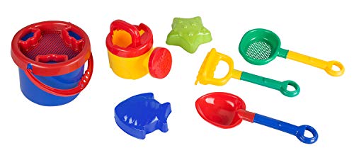 Idena 40113 - Sandspielzeug Set 8 teilig bestehend aus Eimer, 2 Sieben, Gießkanne, 2 Förmchen, kleiner Harke und kleiner Schaufel, bunt, in praktischer Tasche, zum Spielen am Strand und im Sandkasten von Idena