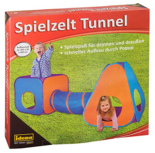 Idena 40118 - Spielzelt mit Tunnel für Kinder, für drinnen und draußen geeignet, ca. 265 x 95 x 100 cm von Idena