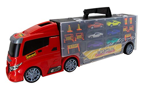 Idena 40125 - Spiel Truck mit integriertem Auto Koffer, inklusive 6 Spielzeugautos und 10 Verkehrszeichen, für Kinder ab 6 Jahren, ca. 50 x 9 x 15 cm von Idena