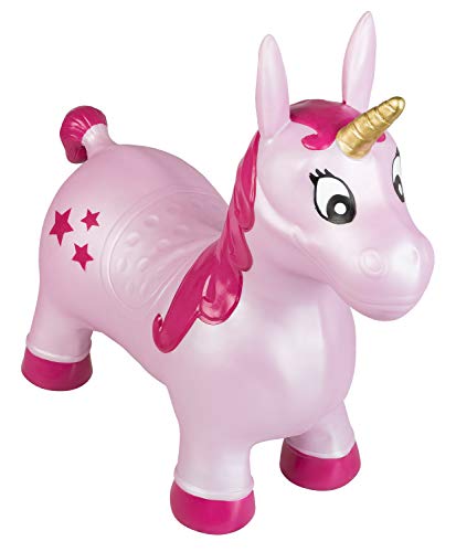 Idena 40133 - Hüpfpferd Einhorn pink mit Sternen, inklusive Luftpumpe, belastbar bis 50 kg, perfekt für drinnen und draußen, im Park oder Kindergarten, ca. 59 x 23 x 53 cm von Idena