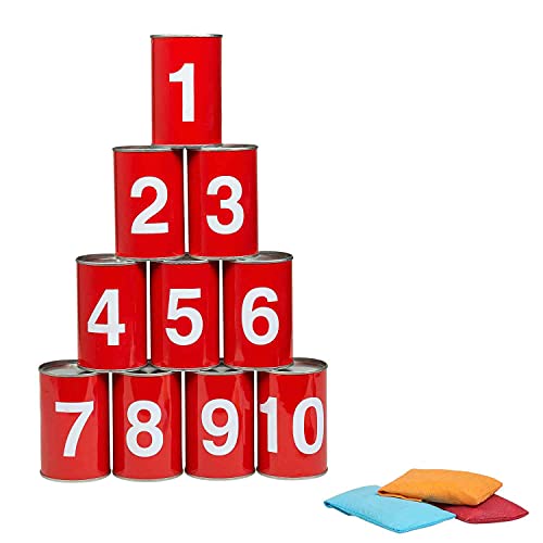 Idena 40189 - Spiel-Set Dosenwerfen mit 10 nummerierten Metall-Dosen und 3 Sand-Säckchen, Wurf- und Geschicklichkeits-Spiel für Geburtstagsfeiern, im Garten oder Park von Idena