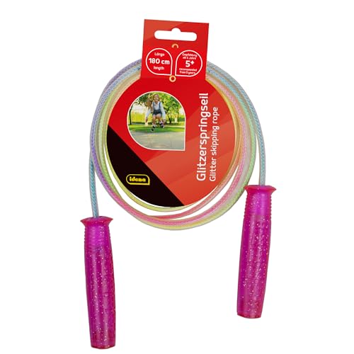 Idena 40198 - Spring-Seil mit glitzernden Noppen-Griffen für Kinder, in bunten Farben, Länge 1,9 m, als Freizeitsport, für Bewegungsspiele und verschiedene Tricks von Idena