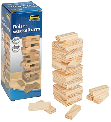 Idena 40206 - Reisespiel Wackel-Turm, Stapelspiel mit 54 Bausteinen, Geschicklichkeits-Spiel aus Holz, ca. 4,8 x 4,8 x 14,4 cm großer Stapel-Turm, Spiel-Spaß für die ganze Familie von Idena