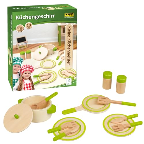 Idena 40238 - Kleine Küchenmeister Geschirr Set aus Holz, 13-teiliges Kinder Kochgeschirr, Zubehör für Spielküche und Kaufmannsladen, für Kinder ab 2 Jahren von Idena