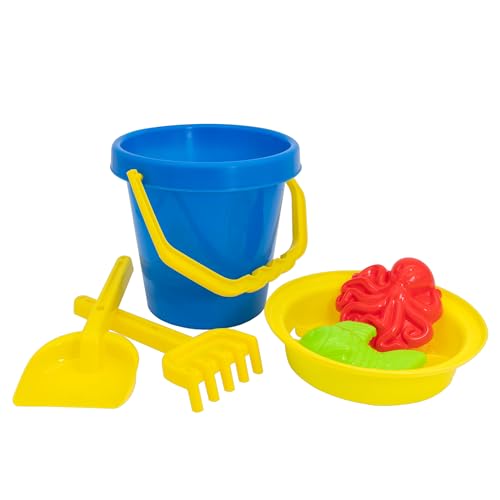 Idena 40265 - Sandspielzeug Set 6 teilig mit blauem Eimer, Sieb, 2 Förmchen, Harke und Kleiner Schaufel von Idena