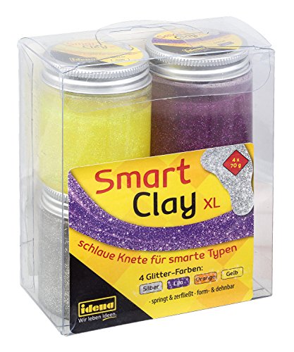 Idena 40277 - Smart Clay, schlaue Knete mit spannenden Eigenschaften in luftdichten Bechern, 4er Set mit je ca. 70 g in glitzernden Farben, gelb, orange, lila und silber von Idena