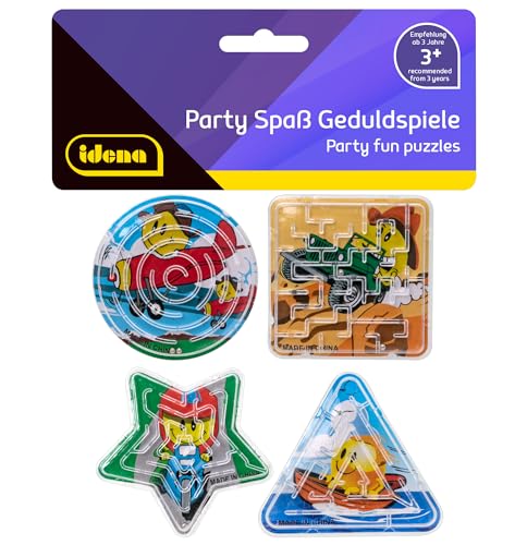 Idena 40430 - Partyspaß Geduldspiele, 4 Stück, kleine Labyrinthe mit lustigen Emoji Hintergrundmotiven in den Formen Kreis, Dreieck, Quadrat und Stern, durchschnittliche Größe ca. 6 cm von Idena