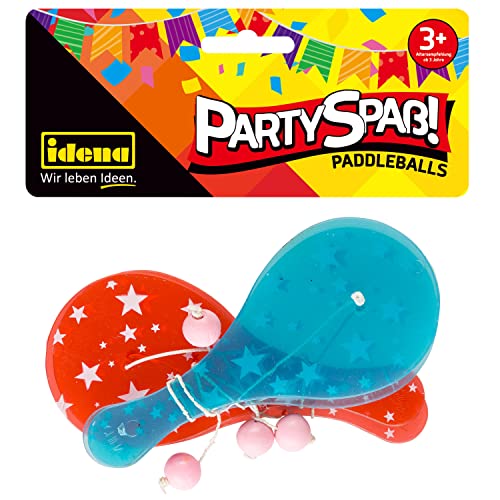 Idena 40435 Partyspaß Paddle, 4 Stück, mit Kunststoff Schlägern in rot und blau und je einem pinkfarbenen Ball, Größe ca. 12,5 x 5,5 cm von Idena