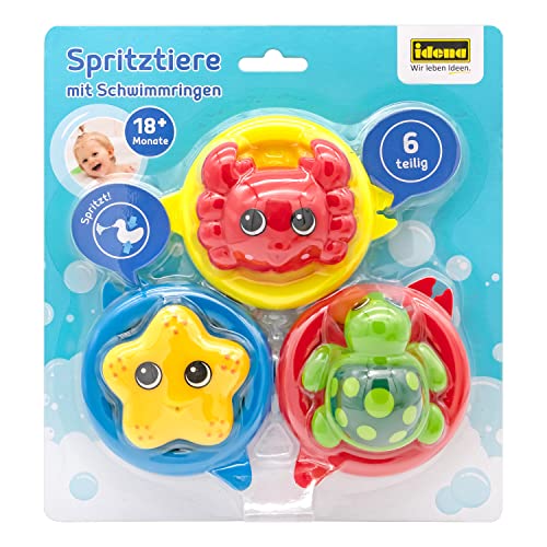 Idena 40618 - Badespielzeug Set für Kinder, 6-teiliges Wasserspielzeug mit 3 Schwimmringen und 3 Meeres-Spritztieren von Idena