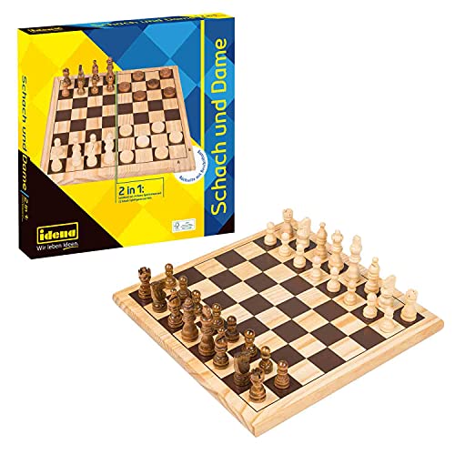 Idena 40174 - Spieleklassiker Schach und Dame 2-in-1, mit Spielbrett, 32 Schachfiguren und 24 flachen Steinen, für spannende Spielabende mit Freunden und Familie von Idena