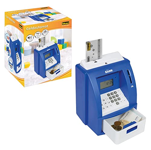 Idena 50060 - Digitale Spardose für Kinder mit Sound, Geldautomat in Blau und Weiß mit kleinem Display, Münzzähler und einer PIN geschützten Kreditkarte von Idena