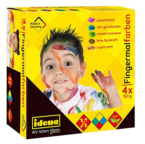Idena 60037 - Fingerfarben 4 x 150 g in Blau, Gelb, Grün und Rot, ungiftige & vegane Fingermalfarben, glutenfrei, laktosefrei, erdnussfrei & wasserlöslich von Idena