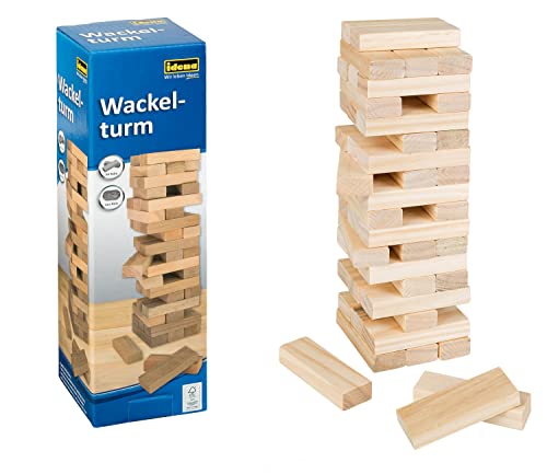 Idena 6060013 - Wackel-Turm, Stapelspiel mit 54 Bausteinen, Geschicklichkeits-Spiel aus Holz, ca. 8 x 8 x 26 cm großer Stapel-Turm, Spiel-Spaß für die ganze Familie von Idena