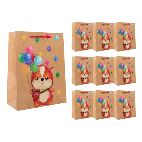 Idena 90242 - Geschenktüten Happy Birthday Teddybär, 10 Stück, Geschenktaschen in der Größe 18 x 23 x 8 cm, Papiertüten mit Teddy und Luftballons von Idena