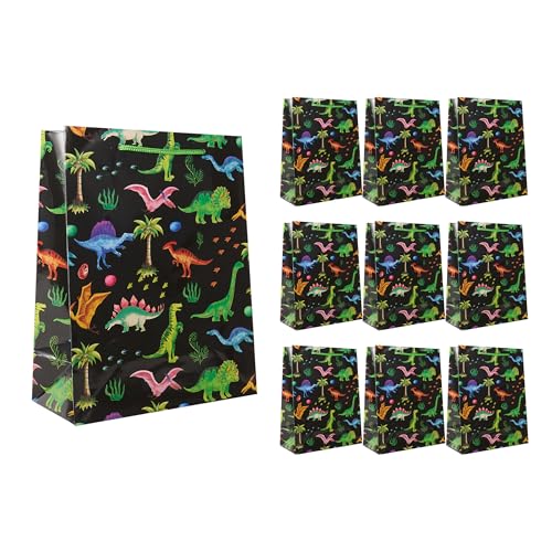 Idena 90244 - Geschenktüten Dinos, 10 Stück, Geschenktaschen in der Größe 18 x 23 x 8 cm, Schwarze Papiertüten mit Dinosauriern von Idena