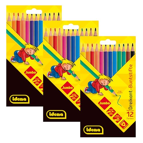 Idena 90950 - Jumbo Buntstifte mit 5 mm Dicker Mine in 12 Farben, 3 Packungen holzfreie Farbstifte in ergonomischer Dreiecksform, verpackt im Kartonetui von Idena