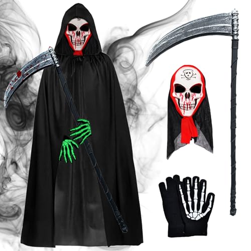 Idota Sensenmann Kostüm Set, Halloween Kostüm Herren Umhang Set mit Blutrote Sensenmann Maske, Kapuzenumhang, Im Dunkeln leuchtende Handschuhe, und Sense für Halloween,Cosplay,Karneval von Idota