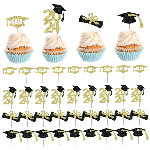 Abschlusskuchentopper, 40pcs Paper College Abschlussdekoration, Diplom, 2024, Grad Cap Cupcake Picks, wiederverwendbare 2024 Partydekorationen für Foto -Requisite von Iewroyt