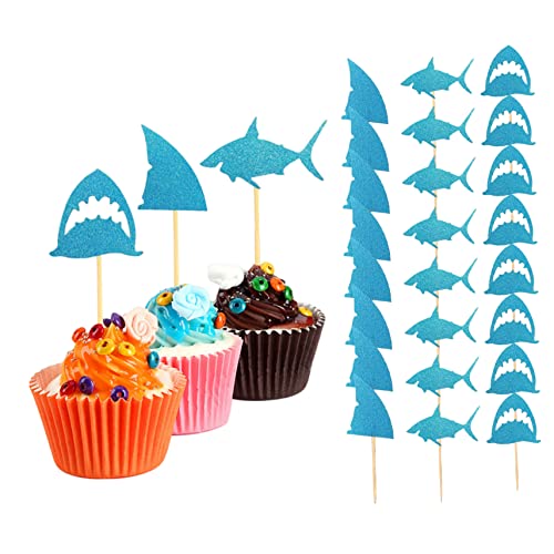 Haifischkuchen -Topper Glitzer Haifisch Flossen Cupcake Picks Pool Party Lieferungen Babyparty Geburtstagsdekorationen Blau 24pcs von Iewroyt