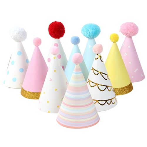 Iewroyt 10pcs Partyhüte 4x6.7in farbenfrohe Geburtstagshüte mit Pom Pom Poms Zufallsstil Geburtstagskegel mit elastischen Trägern dekorativen Hut für Kinder Erwachsene von Iewroyt