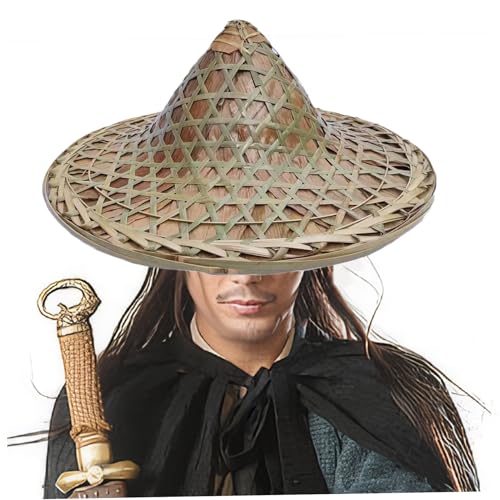 Iewroyt Bambushut 14 Zoll breiter Krempe Traditioneller chinesischer Hut Natural Rustic Asian für Bauer, Fisherman Cosplay für Samurai, Swordman, Bühne von Iewroyt