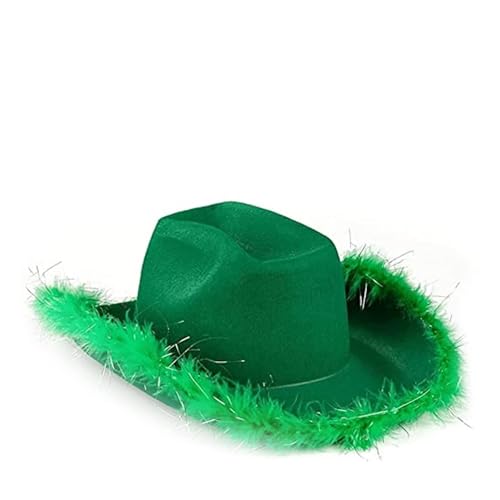Iewroyt Grüner Cowgirl -Hut flauschiger Cowboyhut mit Glitzerfeder Weitkrempe Western Party mit einstellbar von Iewroyt