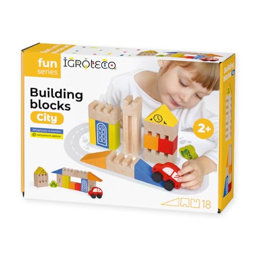 Igroteco® Bausteine Stadt – 18 Teile aus natürlichem Holz, zertifizierte Farben, langlebig und sicher, fördert Kreativität und Lernspaß – Geschenk für Kinder ab 2 Jahren von Igroteco