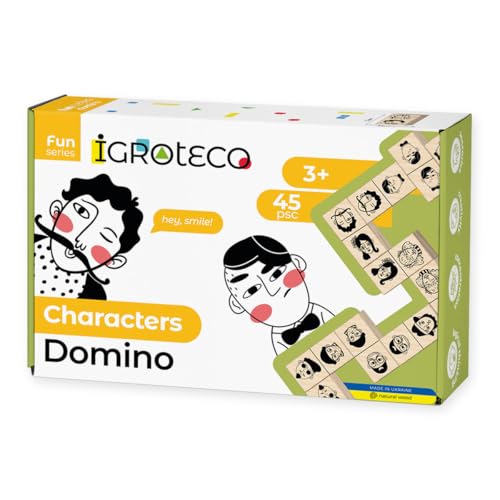 Igroteco® Holz-Domino mit Charakteren – Kreatives Lernspiel aus Naturholz für Kinder & Familie – Fördert Strategie, Logik & Vorstellungskraft – 45-teiliges Set von Igroteco