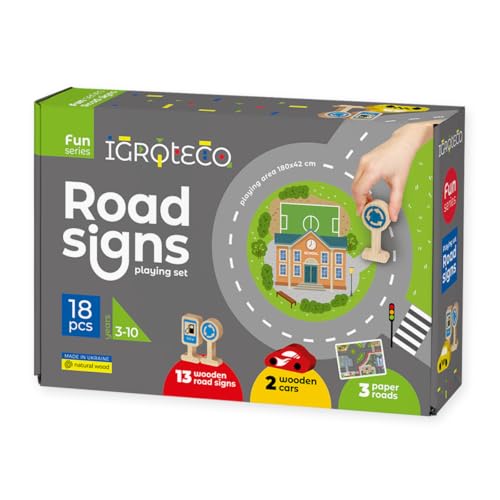 Igroteco® Holz-Spielset Verkehrsschilder für Kinder – 13 Verkehrszeichen, 2 Holzautos, 3 Kartonstraßen – Lernspielzeug zur Verkehrserziehung & Stadtbau – Perfekt für Zuhause, Kindergarten & Schule von Igroteco