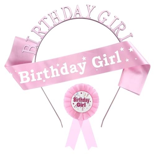 IhLux 3pcs Girls Birthday Party Decorations Set, Geburtstag Krone und Schärpe, Birthday Badges, Mädchen Geburtstag Party Deko, Suitable for Ladies Girls (Rosa) von IhLux