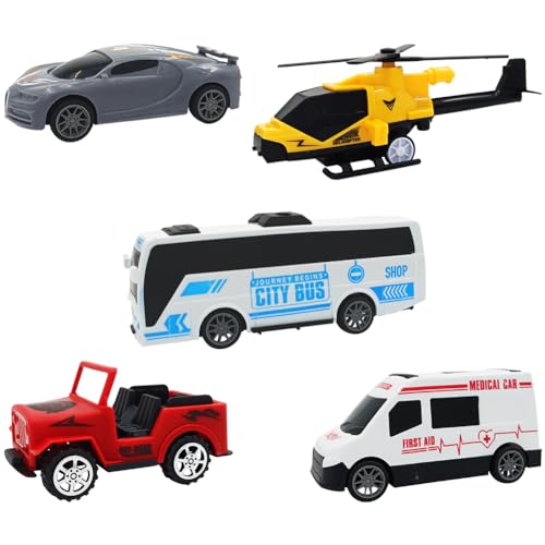 IhLux Auto Spielzeug Stunt Spielzeugauto Legierung Set 5pcs Hubschrauber, Hubschrauber, Bus, Rennwagen, Krankenwagen, Dirt Bike Mini Auto Spielzeug Geschenk-Set für Kinder von IhLux