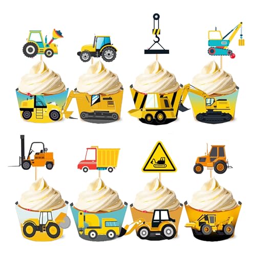 Iirlvior 32 Stück Bagger Tortendeko Baustelle Muffin Deko Set, Geburtstag Cupcake Wrapper, Kuchendeko Geburtstag Junge, Tortendeko Auto LKW Baufahrzeug Thema Küchendeko für Kindergeburtstag Junge von Iirlvior