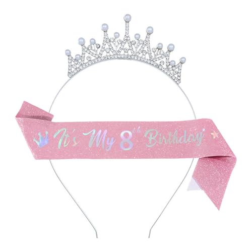Illkjasfc Geburtstag Prinzessin Stirnband und Schärpe Set für Mädchen mit verstellbaren Größen Alter 3-10 Jahre Glitzer Party Zubehör für besondere Anlässe Mädchen Geburtstag Stirnband Schärpe Set von Illkjasfc